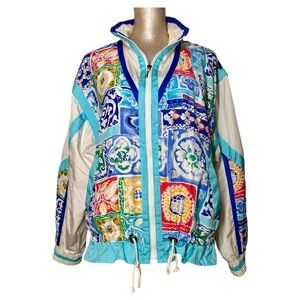 Vintage East West‎ Multicolor Floral Tile Print Nylon Windbreaker Jacket Small